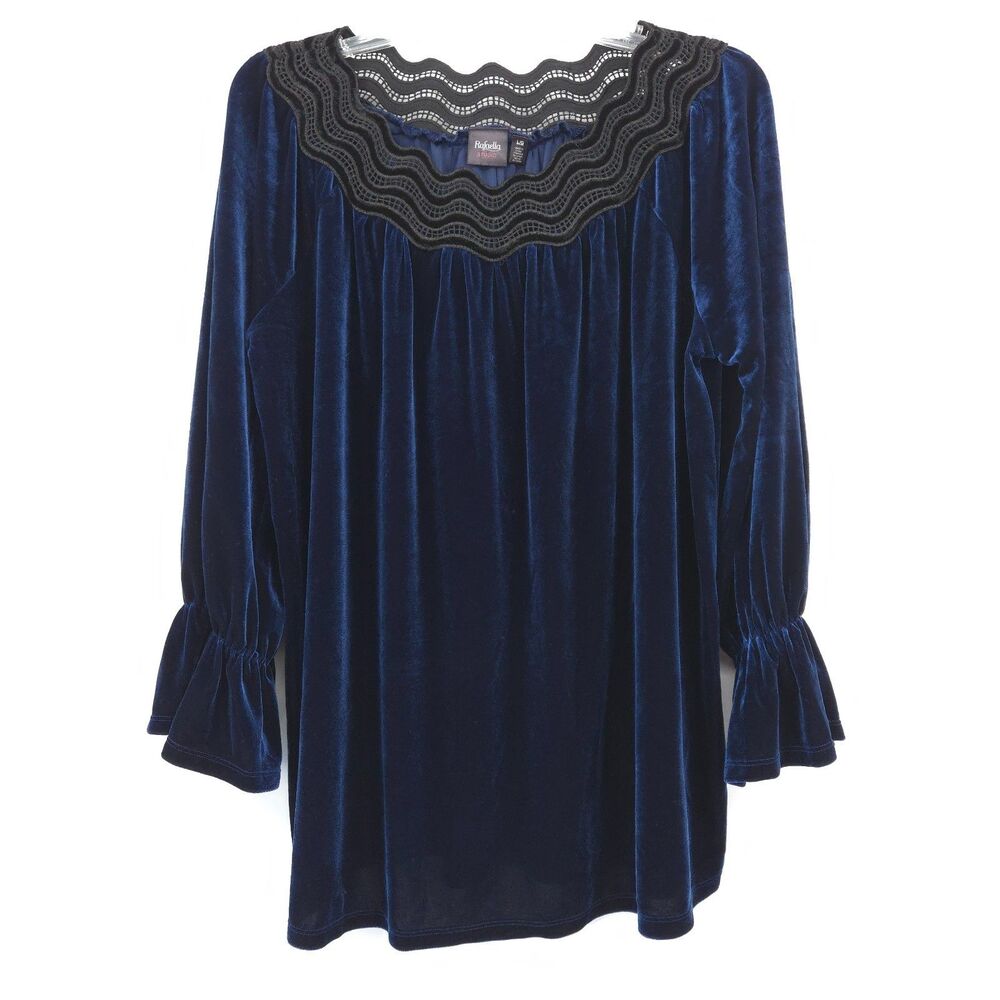 Rafaella stretch velvet top crochet trim Size L dark blue ruffle‎ cuff sleeve